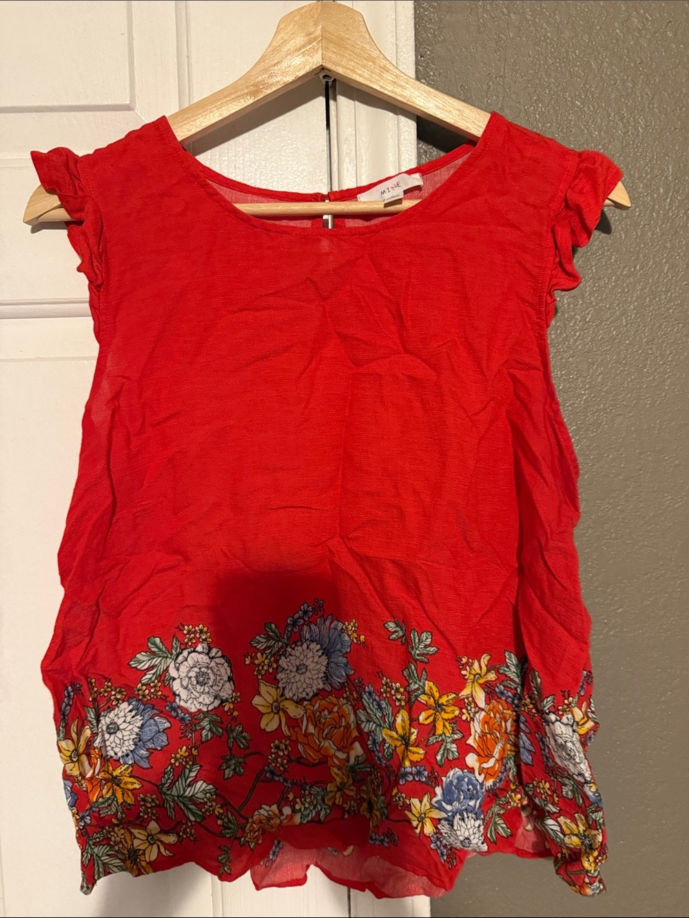 Anthropologie-Bright Red Floral-Trim Women’s Top